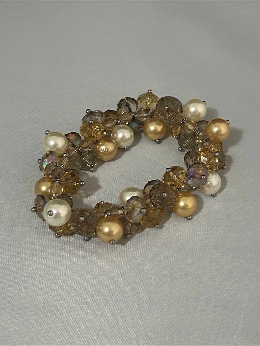 Champagne Beads and Faux Pearl Beaded Stretch Bracelet